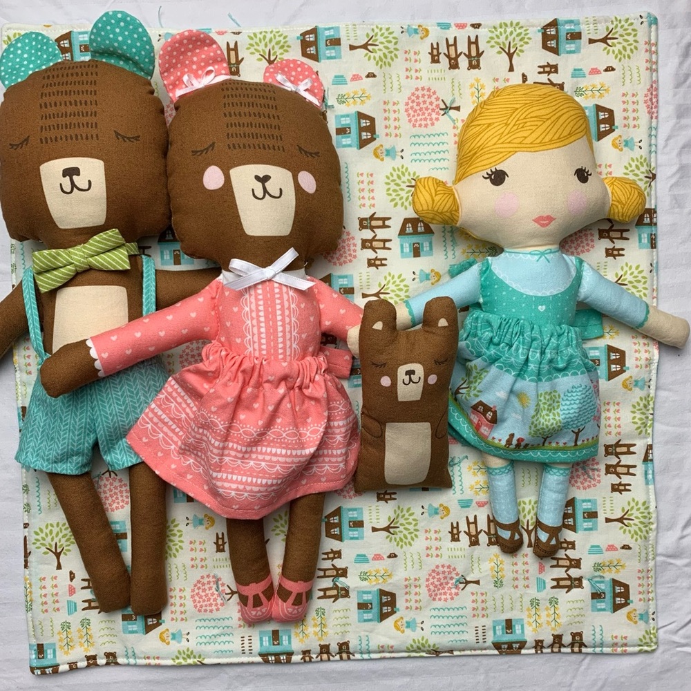 Goldilocks and the Three Bears handmade dolls with quilt and pillow